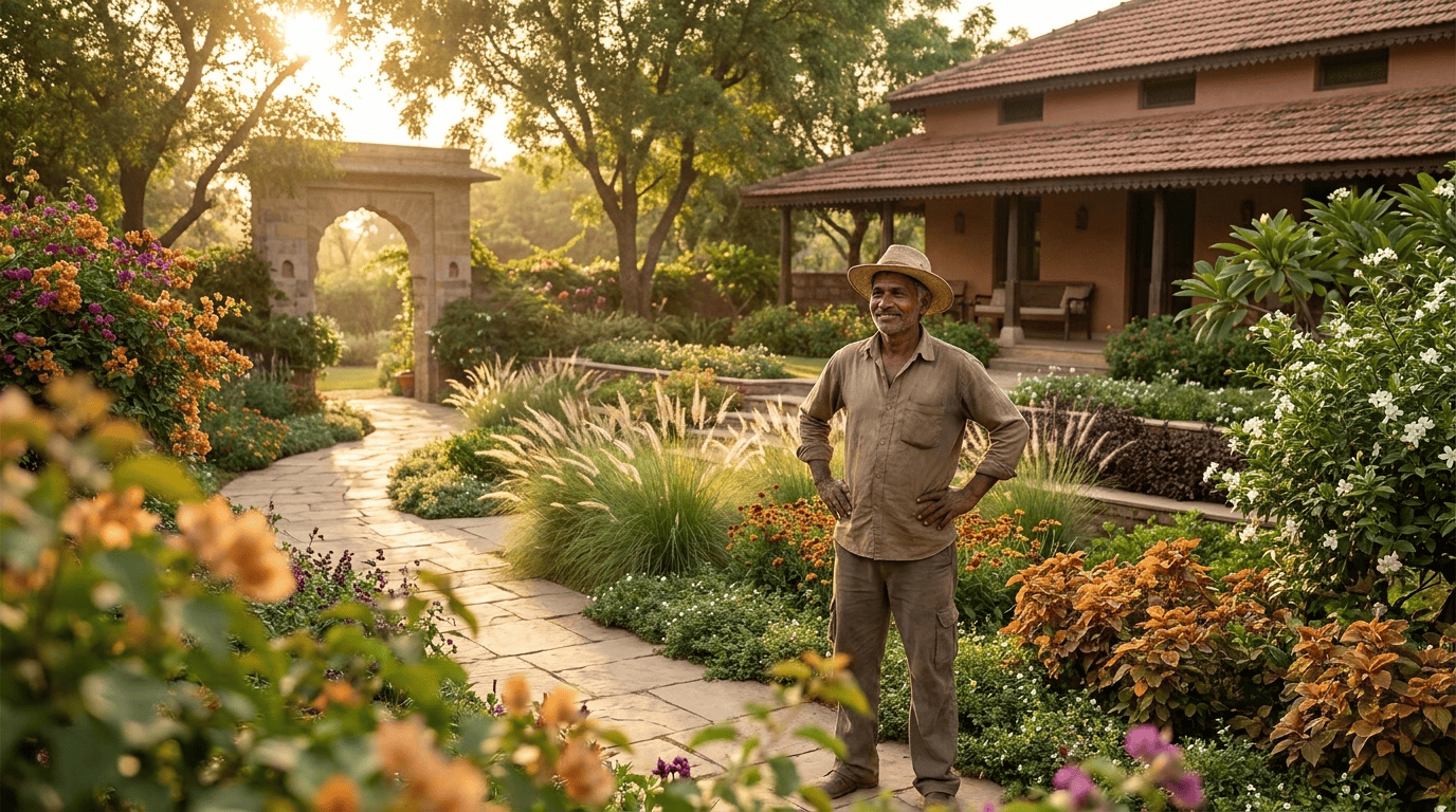 A landscaped home garden at golden hour with a stone pathway, layered planting beds and a gardener surveying the finished garden.