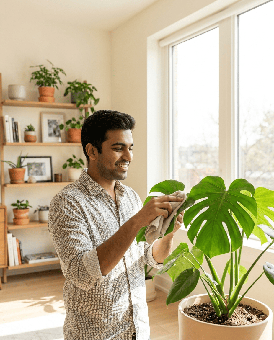 A man smiling as he wipes the leaves of a large potted monstera in a bright apartment.