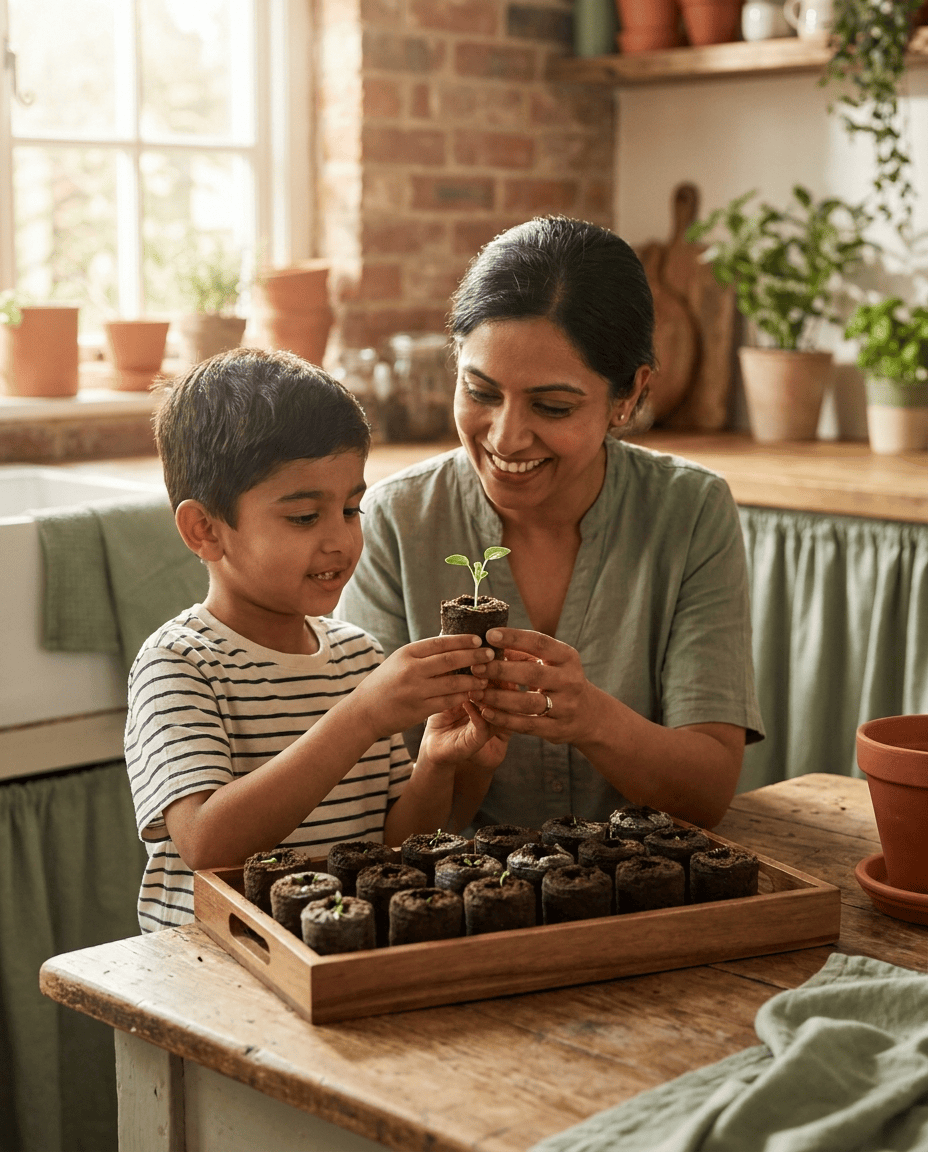A child and parent holding a biodegradable ready-to-plant seedling pod with a green sprout.