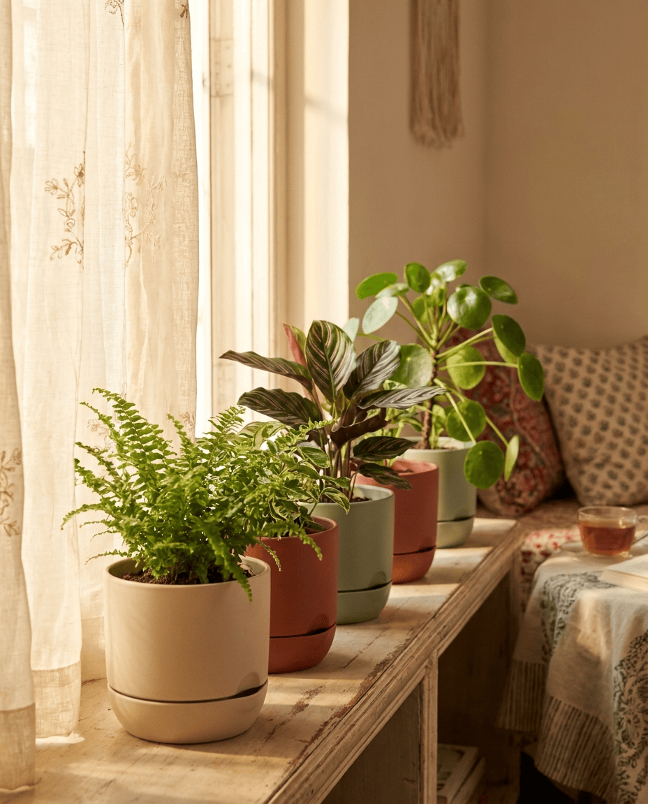 A row of matte terracotta and sage-green self-watering planters on a sunlit windowsill.