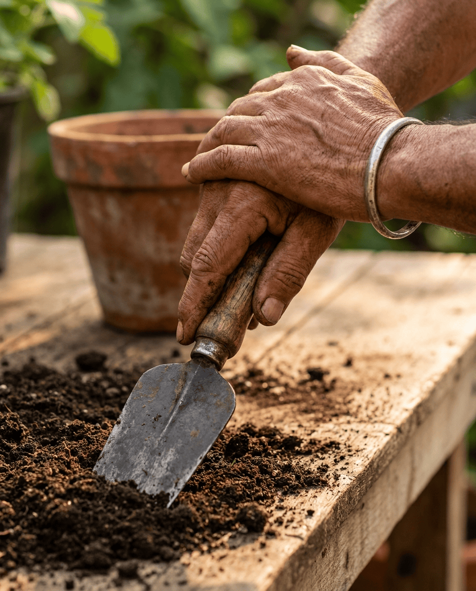 A gardener's weathered hands gripping the single wooden handle of a khurpi, its steel blade resting in dark potting soil.